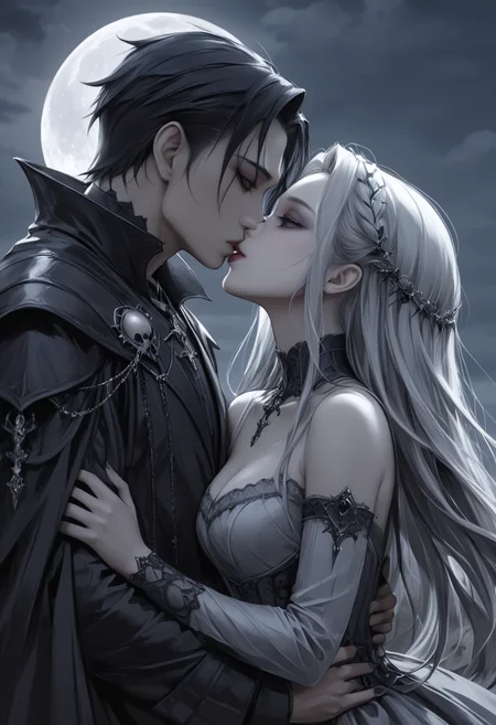 a anime like woman and man kissing each other by moonlight, dark fantasy art, gothic, desaturated colors, illustration, oil paint, digital painting, masterpiece artwork, mobe-godeen <lora:GothicDetailEnhancerV1:0.5>,