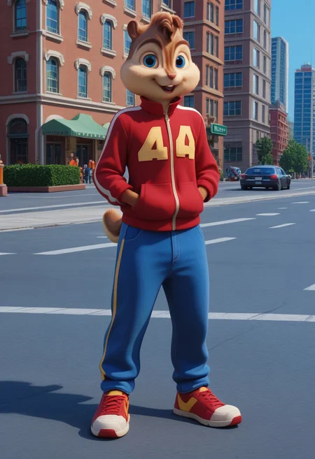 Score_9, score_8_up, score_7_up, source_furry, Alvin Seville, chipmunk, chipmunk male, furry male, furry, 3d, render, movie screencap, blue eyes, red track suit jacket , blue jeans, sneakers, tail, hands in pockets, New York, City, Manhattan, Time Square, buildings, streets, pavement, standing , looking at viewer, <lora:Alvin _Seville __Alvin_and_the_Chipmunks__CG_Movie_version:0.8>