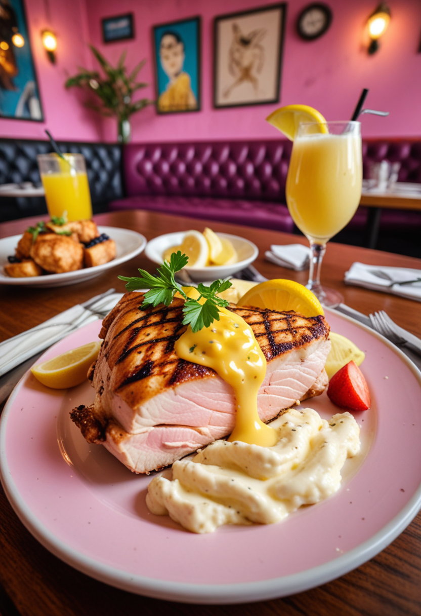 (medium full shot) of (zesty delicious meal) served in a Bistro setting style, featuring a fresh pink grilled chicken, garlic mashed potatoes, creamy cheesecake, fruity cocktail, accompanied by a slice of lemon, set in  a bustling cafe, with eclectic decor, vibrant colors, dynamic seating, a spirited atmosphere, Masterpiece,best quality, photo, realistic, very aesthetic