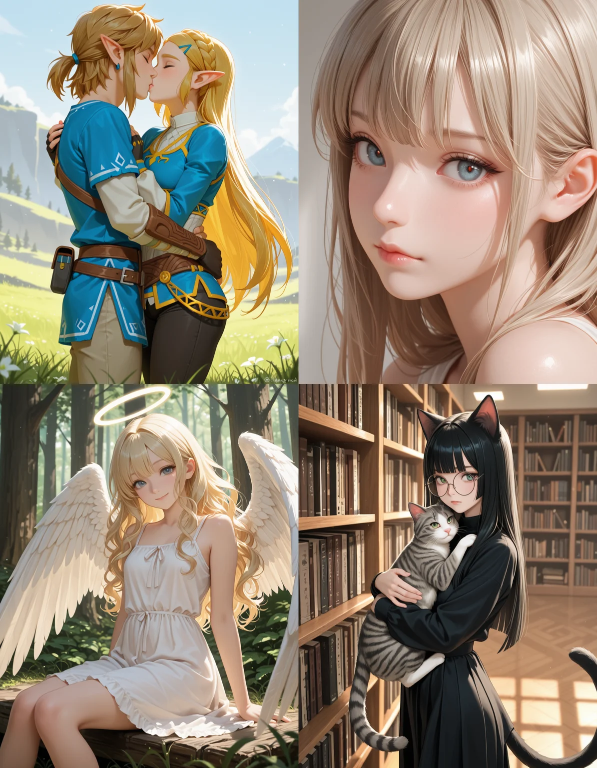https://civitai.com/articles/8642 __ 1st image: masterpiece, best quality, 1girl, 1boy, princess zelda, the legend of zelda: breath of the wild, standing, kiss, hug, closed eyes, outdoors __ 2nd image: masterpiece, best quality, 1girl, face, portrait, looking at viewer, closed mouth __ 3rd image: masterpiece, best quality, 1girl, solo, blonde hair, wavy hair, angel, angel wings, halo, smile, sitting, forest, white dress __ 4th Image: masterpiece, best quality, 1girl, solo, long hair, black hair, blunt bangs, straight hair, round eyewear, cat girl, cat ears, cat tail, standing, hug, cat, looking at viewer, library