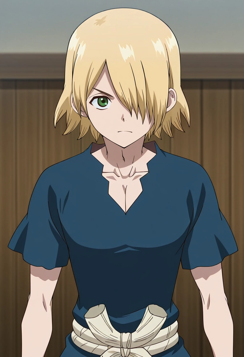 masterpiece, best quality, , anime screencap, anime coloring, official style, looking at viewer, 1boy, solo, male focus, <lora:ginrou_dr_stone_ilxl:1>, ginrou_dr_stone, blonde hair, green eyes, short hair, hair over one eye, blue shirt, short sleeves,