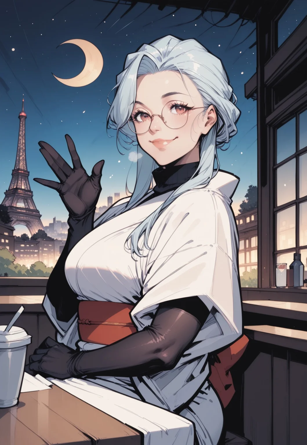 commix style, zPDXL3, PnyCmicXLPOS, score_9, score_8_up, score_7_up, masterpiece, best quality, absurdres, vibrant, highly detailed, very aesthetic, from side, cowboy shot, mature, stunning, 1girl, solo, saihoutakenoue, white kimono, black turtleneck, black gloves, elbow gloves, red obi, glasses, sitting, waving at viewer, smile, cafe terrace, table, steaming cup, looking at viewer, outdoors, night, Paris, Eiffel Tower, Champ-de-Mars, city lights, starry sky, (crescent moon:1.4)