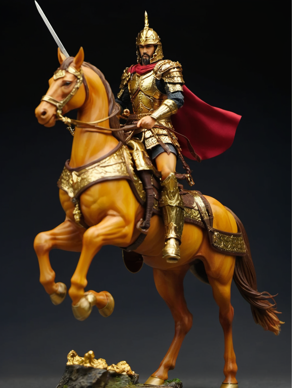 resin material style, ierce warrior, high ponytail, determined expression, intricate armor, gold accents, gleaming sword, majestic warhorse, chaos of battle, inspiring presence, embodiment of strength, unwavering loyalty, beacon of hope, commanding aura, skilled and experienced, confident stance, charismatic figure, intelligent mind  <lora:è¶ä½¬V1:0.7>