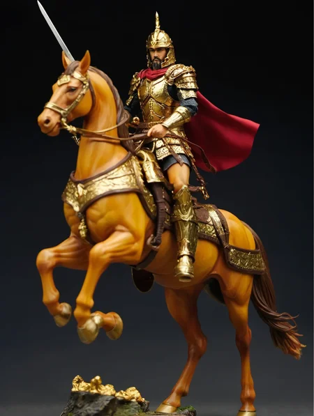 resin material style, ierce warrior, high ponytail, determined expression, intricate armor, gold accents, gleaming sword, majestic warhorse, chaos of battle, inspiring presence, embodiment of strength, unwavering loyalty, beacon of hope, commanding aura, skilled and experienced, confident stance, charismatic figure, intelligent mind <lora:è¶ä½¬V1:0.7>