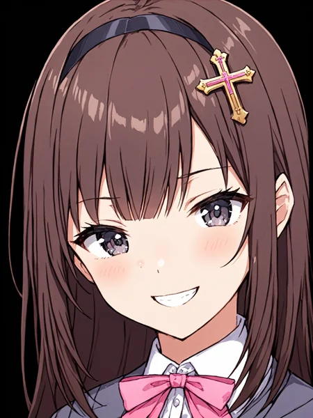 masterpiece, best quality,
(cel shading),
<lora:exorcistcharlotte.sdxl.v1:0.85>
mizukikonoe, 1girl, solo, smile, simple background,collared shirt, pink bowtie, black background, portrait, hair ornament, cross ,
happ,y