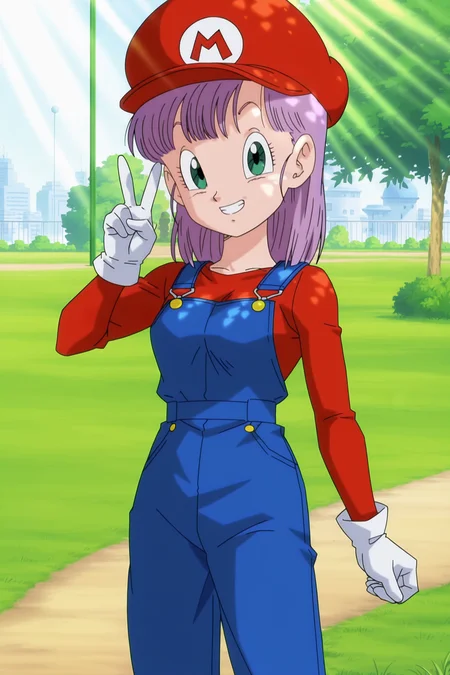 anime screencap, masterpiece, best quality, amazing quality, very aesthetic, absurdres, newest, (scenery, volumetric lighting), dappled moonlight, light sunlight, light rays, official style,
solo, 1girl,
bulma, path to power, teenage, green eyes, purple hair, bangs, medium hair,
mario hat, blue overalls, red shirt, long sleeves, white gloves, v, smile, clenched teeth, looking at viewer, garden, grass, cityscape,
<lora:Bulma_XIL:0.8>