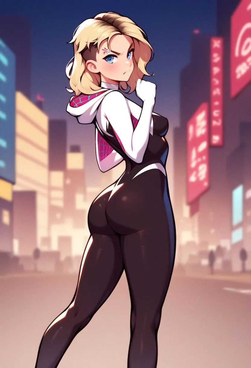score_9, score_8_up, score_7_up, score_6_up, score_5_up, score_4_up, 1girl, spider gwen, tiny waist, flat stomach, skin tight costume, narrow hips, petite, small body, small tight ass, pinup pose, full body image, side view, New York City at night, outdoors, looking at viewer, angry