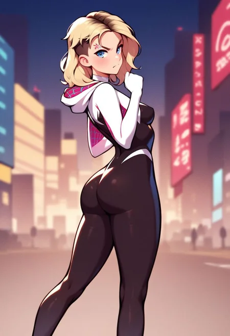 score_9, score_8_up, score_7_up, score_6_up, score_5_up, score_4_up, 1girl, spider gwen, tiny waist, flat stomach, skin tight costume, narrow hips, petite, small body, small tight ass, pinup pose, full body image, side view, New York City at night, outdoors, looking at viewer, angry