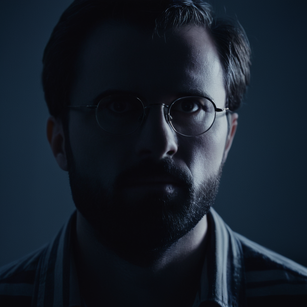 cinematic film still of  <lora:Cool Lighting Style:1> Blue Cool Lighting Style
 <lora:Chiaroscuro Lighting Style:1>
dramatic, cinematic, shadow, partially covered in shadow, a man with glasses and a striped shirt Chiaroscuro Lighting Style, solo, looking at viewer, 1boy, closed mouth, monochrome, greyscale, male focus, glasses, facial hair, portrait, beard, realistic, shallow depth of field, vignette, highly detailed, high budget, bokeh, cinemascope, moody, epic, gorgeous, film grain, grainy