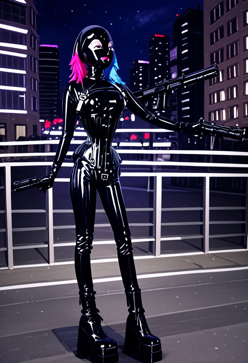 1 girl , black latex bodysuit, 20 yo female, slim body, fullbody picture, rubber catsuit, HW_Corset, gloves,  latexHood, multicolored neon ponytailhair ponytailHair, tight black rubber suit, double platform boots, knee boots, holding an assault rifle, a city at night,