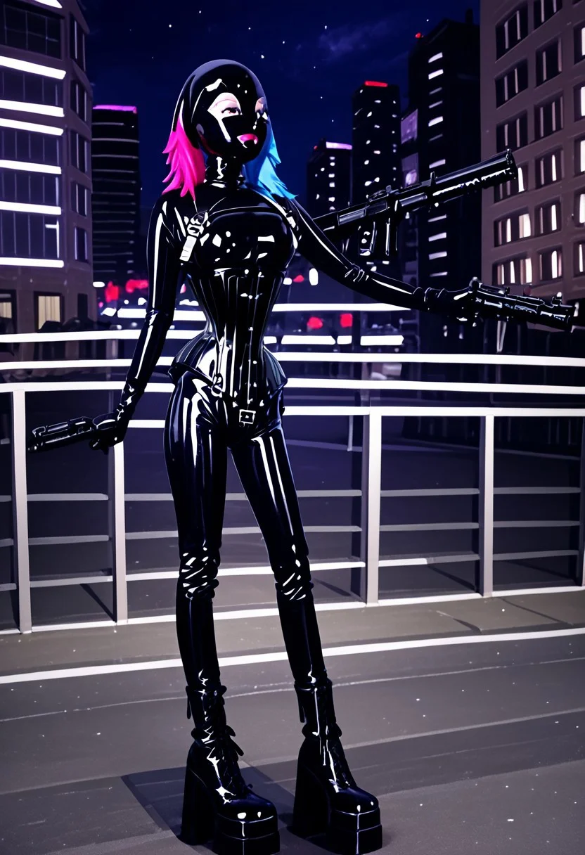 1 girl , black latex bodysuit, 20 yo female, slim body, fullbody picture, rubber catsuit, HW_Corset, gloves, latexHood, multicolored neon ponytailhair ponytailHair, tight black rubber suit, double platform boots, knee boots, holding an assault rifle, a city at night,