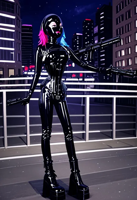 1 girl , black latex bodysuit, 20 yo female, slim body, fullbody picture, rubber catsuit, HW_Corset, gloves,  latexHood, multicolored neon ponytailhair ponytailHair, tight black rubber suit, double platform boots, knee boots, holding an assault rifle, a city at night,