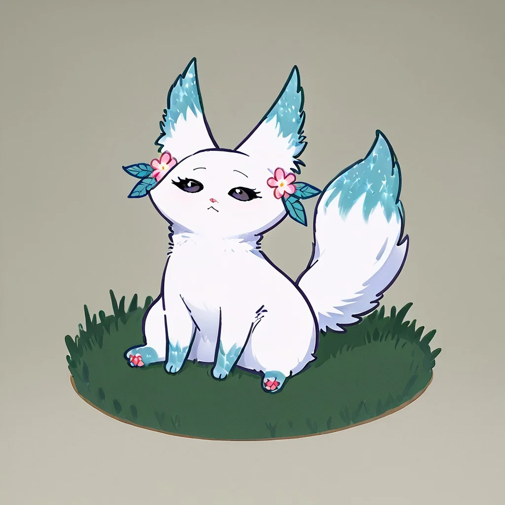 Minto, white fur, black sclera, black eyes, pink nose, paws, tail, turquoise edges at the ears, full body, outdoors, sitting on grass