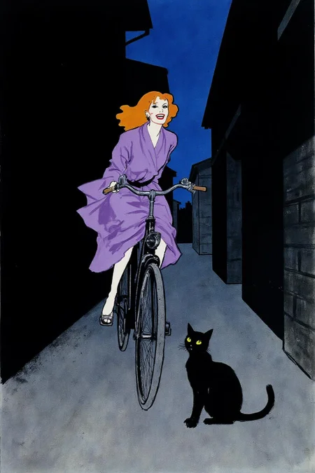 regr1 sketch
A Japanese school girl riding a old style bicycle through a narrow, quiet street at night. The happy woman wears a simple, flowing purple dress. In the corner, a small black cat with piercing eyes sits watching her quietly. The mood is tranquil and slightly magical.
<lora:regr2_fashion_nocap_d6a3:1.0><lora:807661882967134524:0>
