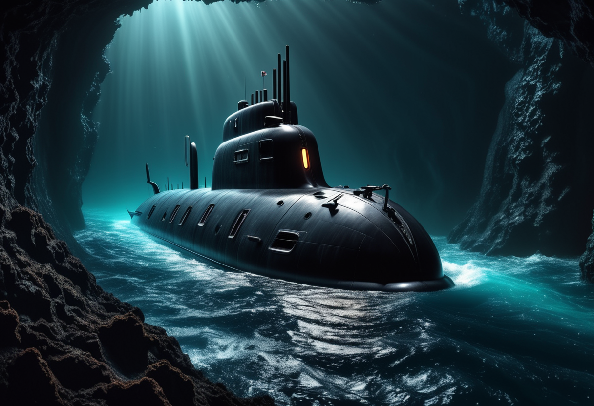 award winning, (professional photo) of (retro-futuristic compact black submarine) with stealth-coating hull, diesel-electric engines,   the submarine is navigating through  a haunting deep-sea ravine, with dark waters, glowing eyes, hidden depths, silent beauty, , creative, beautiful, vibrant, masterpiece, 64k, UHD, HDR, full view, atmospheric lighting, extremely detailed