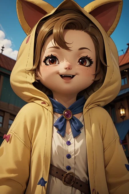 dwntrilffxivpdxl, 1girl, solo, looking at viewer, smile, open mouth, brown hair, animal ears, jewelry, upper body, hood, depth of field, hood up, animal hood, cat hood, lalafell, PonyXLV6_Scores, <lora:FFXIV-DAWNTRAILPDXL:1>
