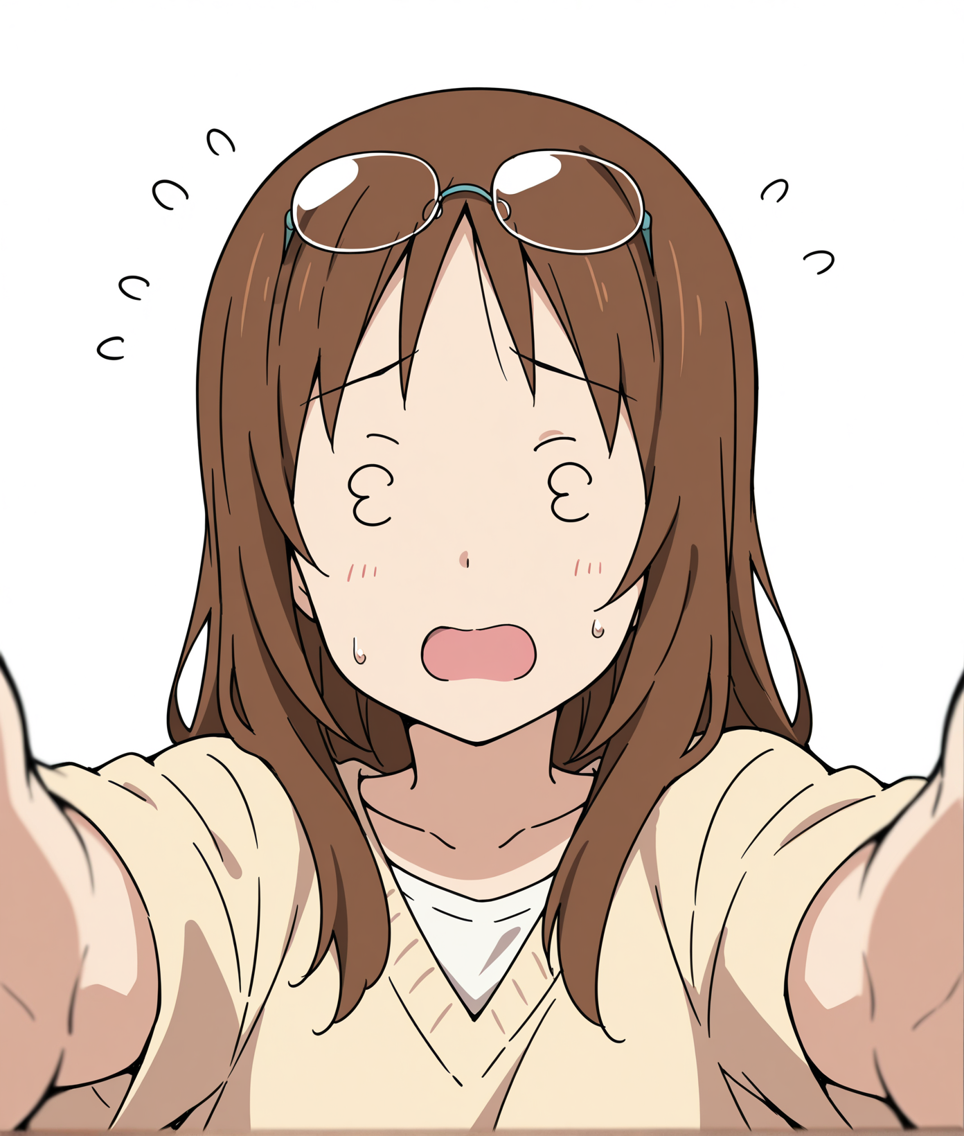masterpiece,best quality,high quality,amazing quality,absurdres,highres,very aesthetic,ultra detailed,
1girl,solo,
<lora:3_3_megane_ILv11_v1:1>,mgn_mgn,(3_3:1.2),no eyes,no pupils,flying sweatdrops,eyewear on head,outstretched arms,open mouth,
<lora:sawako-konIL:1>,sawako yamanaka,
simple background,white background,
upper body,