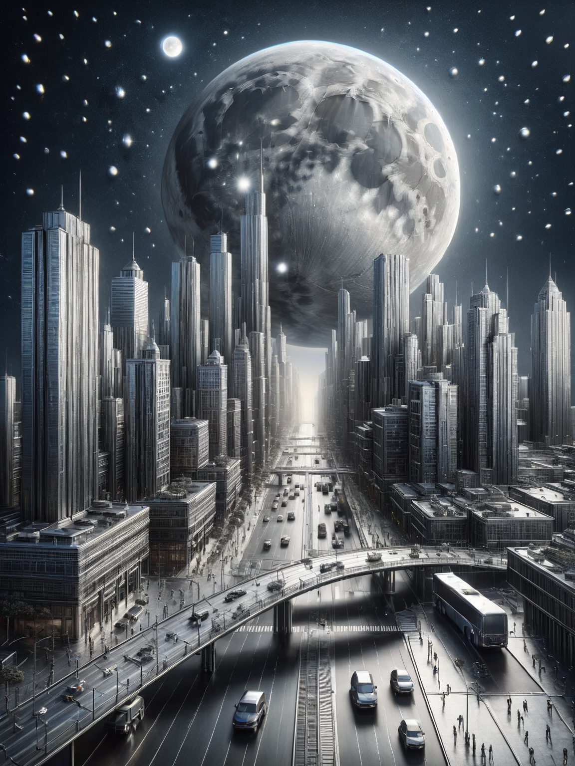 A dreamlike cityscape where buildings and streets are constructed entirely from ais-steelz, reflecting the moon and stars in a mesmerizing display <lora:Brushed_Steel_Style_SDXL:1>