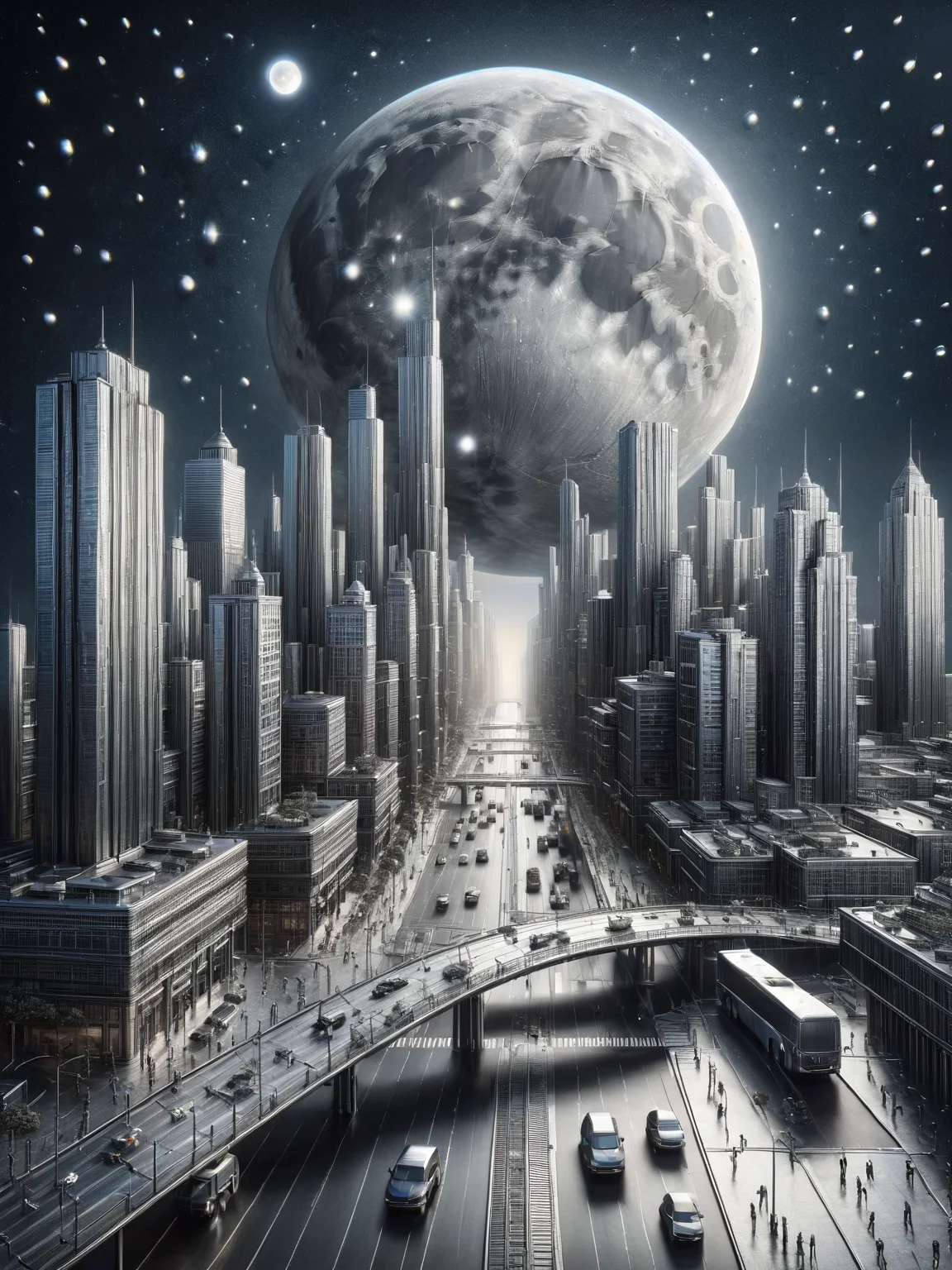 A dreamlike cityscape where buildings and streets are constructed entirely from ais-steelz, reflecting the moon and stars in a mesmerizing display <lora:Brushed_Steel_Style_SDXL:1>