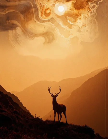 . A photo-realistic shoot from a low angle about a silhouette of a deer standing on a hilltop, surrounded by a mountainous landscape during sunset. the image features a single deer standing in the middle of the image, with its antlers raised, facing the viewer. the deer is silhouetted against the warm, golden light of the setting sun, casting long, wavy lines across the sky. in the background, a distant mountain range is visible, partially obscured by a hazy, misty atmosphere. the scene is bathed in a golden light, creating a sense of serenity and tranquility. the overall mood is one of solitude and wonder, with the deer standing out against the otherworldly landscape.