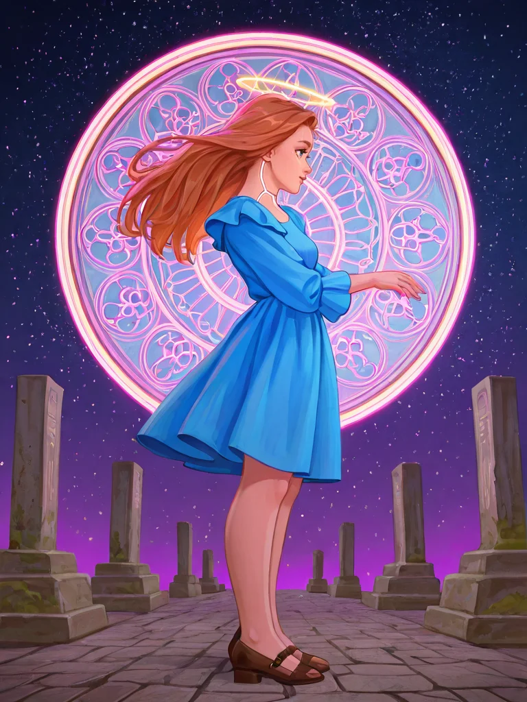Medievalism, <lora:Rino99Quiron_Style_ilus:1> , Rino99Quiron, 1girl with long hair and a blue dress standing in front of a neon background with stars and circles, halo, cyberpunk art, holography,, An environment with tombstones and a similar look to a cemetery with some bats and cockroaches, from side, , jumping, ,
, inspired by The Middle Ages, medieval art, elaborate patterns and decoration, Medievalism