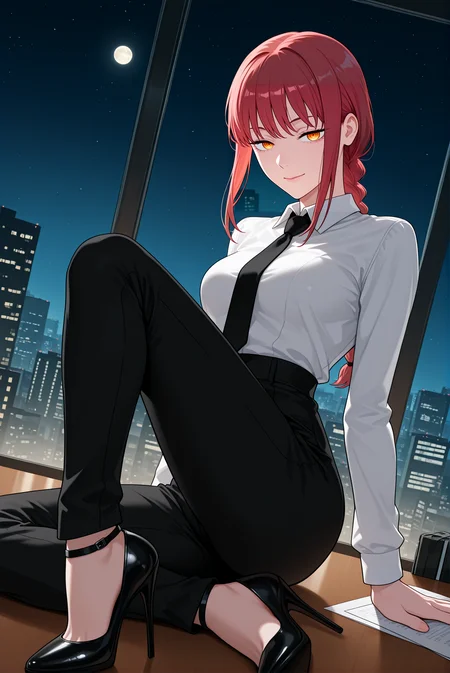 beautiful detailed eyes, masterpiece, best quality, intricate details, absurdres, 1girl, solo,
<lora:P-IL-Makima:1>, m4k1m4, red hair, yellow eyes, ringed eyes, braid, braided ponytail, bangs, sidelocks,
formal, white collared shirt, long sleeves, black necktie, high-waist pants, black pants, suit,
pointed-toe heels, high heels, stiletto heels, strappy stilettos,
medium breasts,
looking at viewer, beautifull lips, seductive smile, half closed eyes,
ass on heels,
dynamic pose, dramatic perspective,
sleek office, polished wooden desk, minimalistic decor, large cityscape window, neon-lit skyline, twilight city view, scattered documents, subtle crimson glow, chainsaw man aesthetic, commanding atmosphere, starry sky, moon,