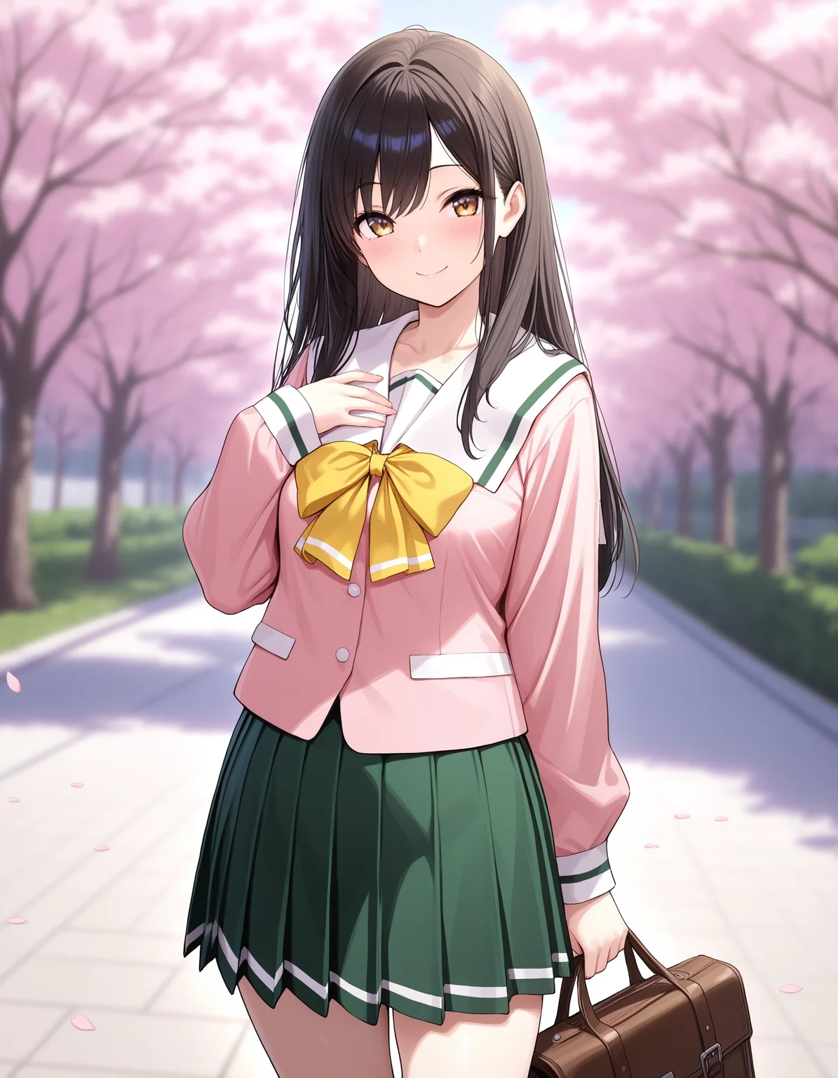 masterpiece, best quality,
1girl, sks-school uniform, pleated skirt, green skirt, pink serafuku, school uniform, yellow bow, standing, solo, looking at viewer, smile, holding bag, outdoors, cherry blossoms, blurry background
