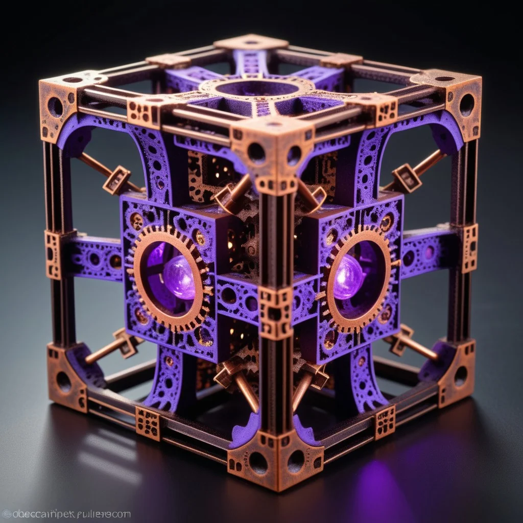 corroded cast iron termite hill cross_section menger cube, topaz, Mandelbrot set, tesseract time machines, steel and copper wiring, dodecahedron, glowing purple gears, spherical mechanism