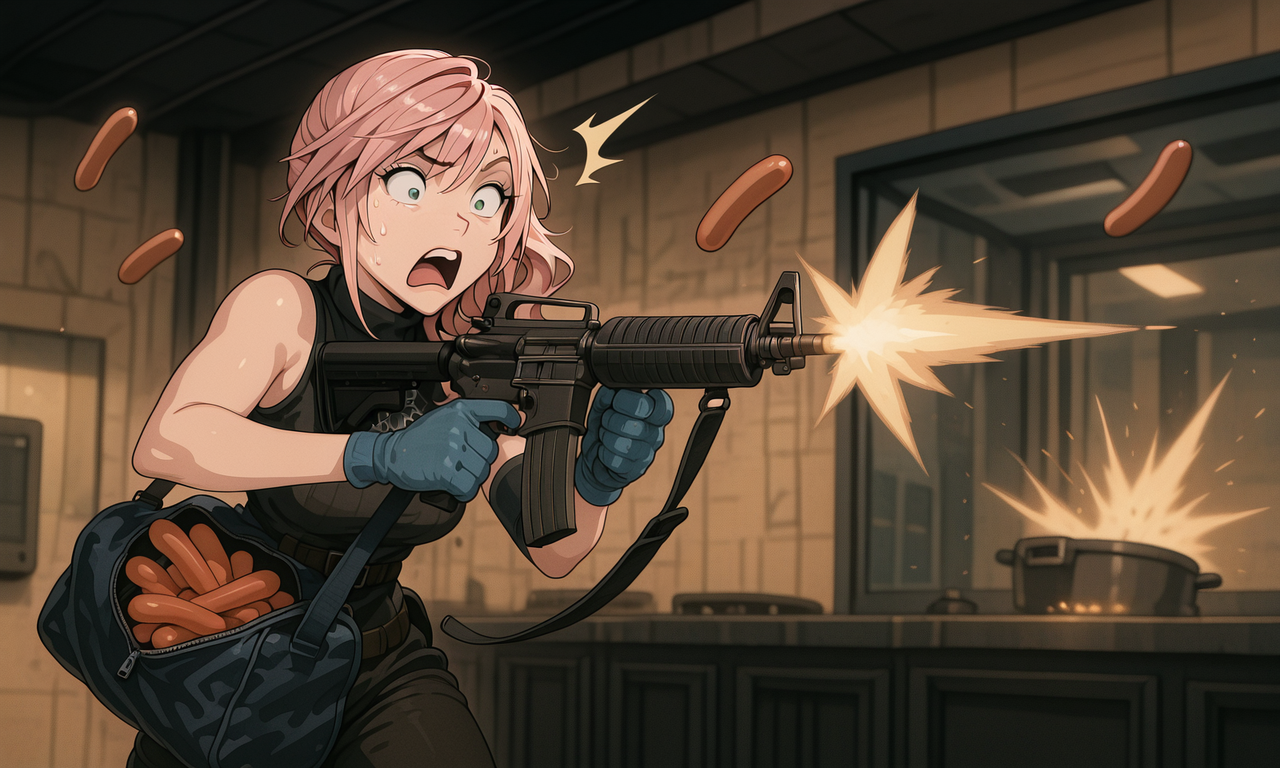 embedding:IllusP0s, firing ar-15, hot dog duffle bag, blue gloves, 1girl, claire farron, surprised<lora:hot dogs, falling, surprised_illustrious.safetensors:1.0:1.0> <lora:firing ar-15, money duffle bag, blue gloves_illustrious.safetensors:1:1>
