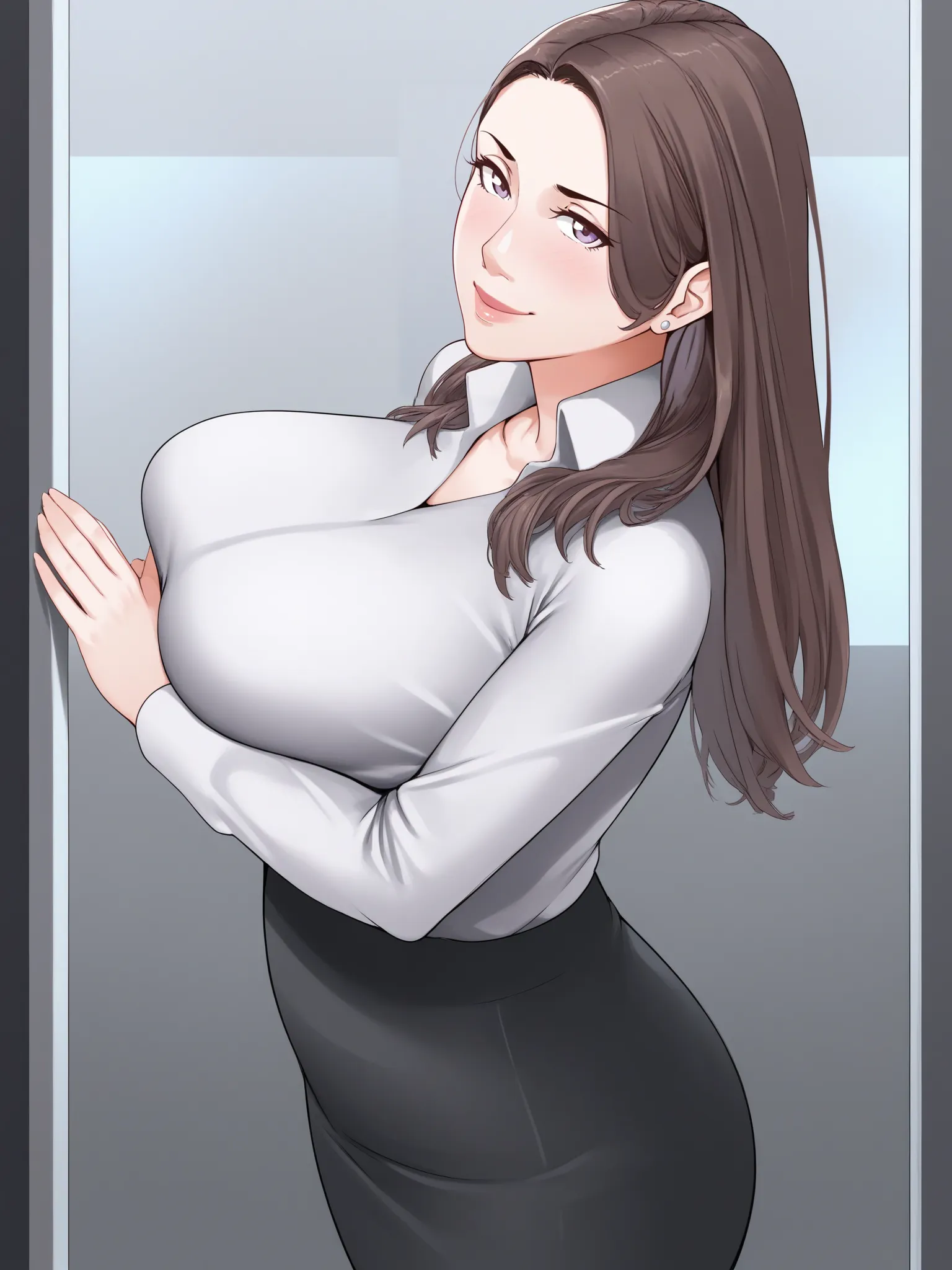 1girl, standing, looking at viewer, uncensored, score 9 up, score 8 up,
 <lora:NYPAON_Sore_Kyōchū_ni_Owarasetara_Paizu_tte_Ageru_Doujin_Style_PonyXL:1>,brown hair, mature female, blush, hetero, large breasts, long hair, jewelry, office lady, purple eyes, smile, teacher, earrings,