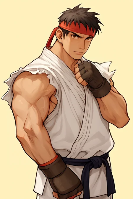 source_anime, in kinu-sensei artstyle, solo, 1boy, ryu \(street fighter\), male focus, gloves, fingerless gloves, muscular, headband, dougi, black hair, muscular male, yellow background, upper body, cropped legs, <lora:Kinu_Nishimura_Capcom_Style_LoRA_Pony-000010:0.8>