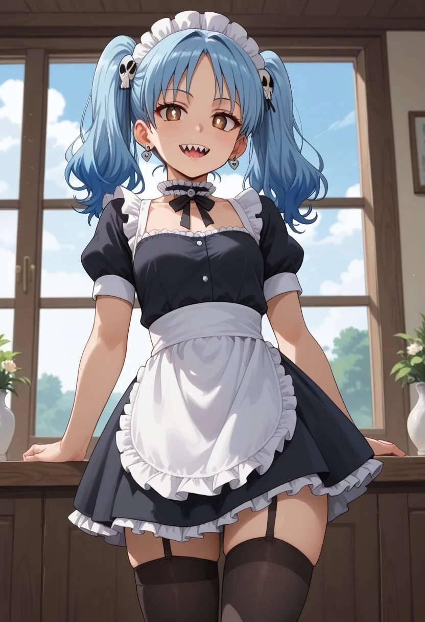 score_9, score_8_up, score_7_up, score_6_up, (1girl ), (solo),
BREAK,
HDA_MasterpieceXL_v.1,
BREAK
1girl: <lora:Marin Izutsumi NTKNFN-V1>,Marin Izutsumi,
sky blue hair,bright pupils, white pupils, brown eye, multicolored hair,
skull hair ornament, twintails, sharp teeth, black choker, ear piercing, small breasts
BREAK
half body,maid, maid dress, enmaided, maid headdress,
neck ribbon, frilled choker, black dress,
white apron, puffy short sleeves, black thighhighs, light,mini skirt