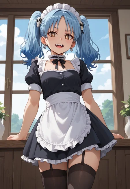 score_9, score_8_up, score_7_up, score_6_up, (1girl ), (solo),
BREAK,
HDA_MasterpieceXL_v.1,
BREAK
1girl: <lora:Marin Izutsumi NTKNFN-V1>,Marin Izutsumi,
sky blue hair,bright pupils, white pupils, brown eye, multicolored hair,
skull hair ornament, twintails, sharp teeth, black choker, ear piercing, small breasts
BREAK
half body,maid, maid dress, enmaided, maid headdress,
neck ribbon, frilled choker, black dress,
white apron, puffy short sleeves, black thighhighs, light,mini skirt