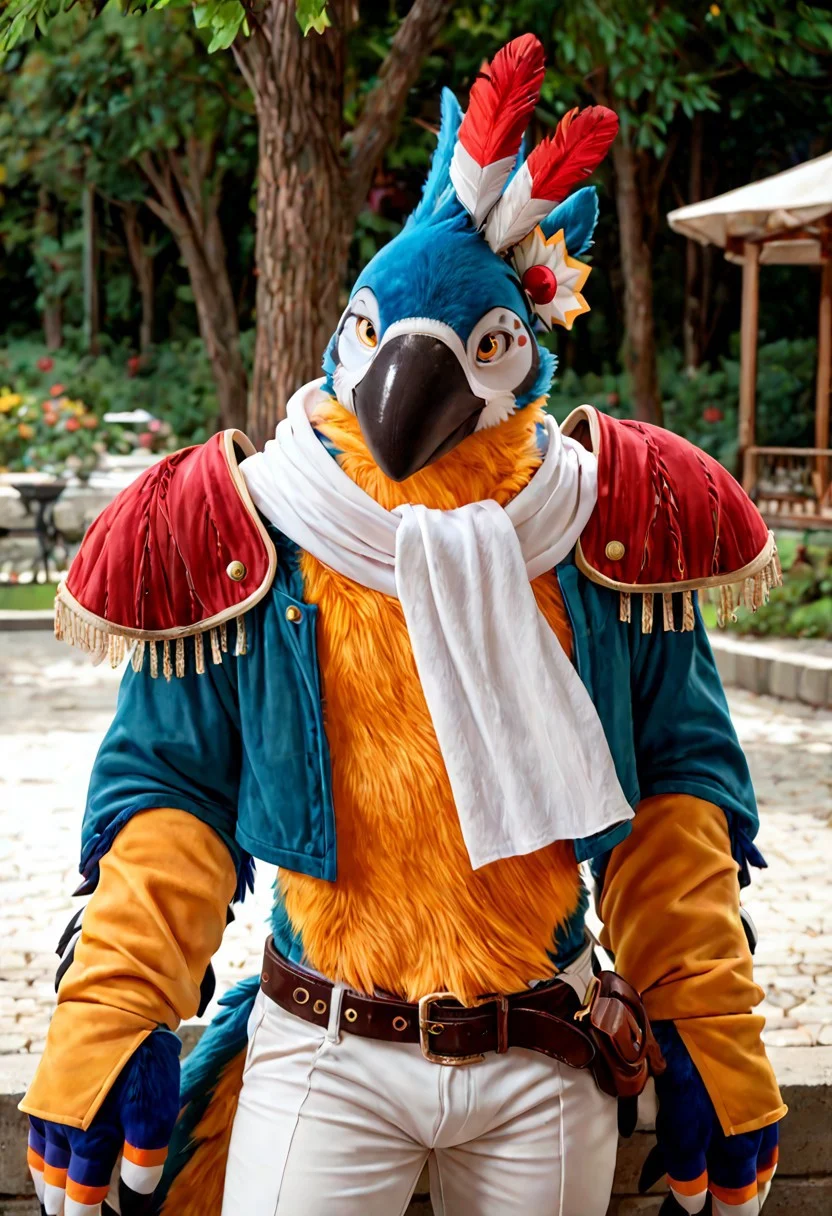 score_9, score_8_up, score_7_up, score_6_up, BREAK, anthro, male, KassPXL, anthro, yellow eyes, feathers, muscular:1.3, hunky, white scarf, stripped shoulder pads, white pants, belt, feather headpiece, (fursuit), looking at viewer, photorealistic, park