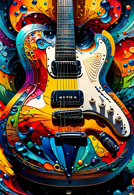 a colored  painting of a Guitar in a music room  , (8k, RAW photo, best quality, masterpiece:1.2),best quality, ultra high res,(sharp focus:1.2),DOF, geometric patterns, intricately detailed, perfectly balanced, deep fine edges, artistic photorealism,photorealism, vivid colors,, 8K, UHD, many details, extreme detailed, full of details, BadDream, Jed-Splash,    <lora:ColourfullSplashStyle:0.5>