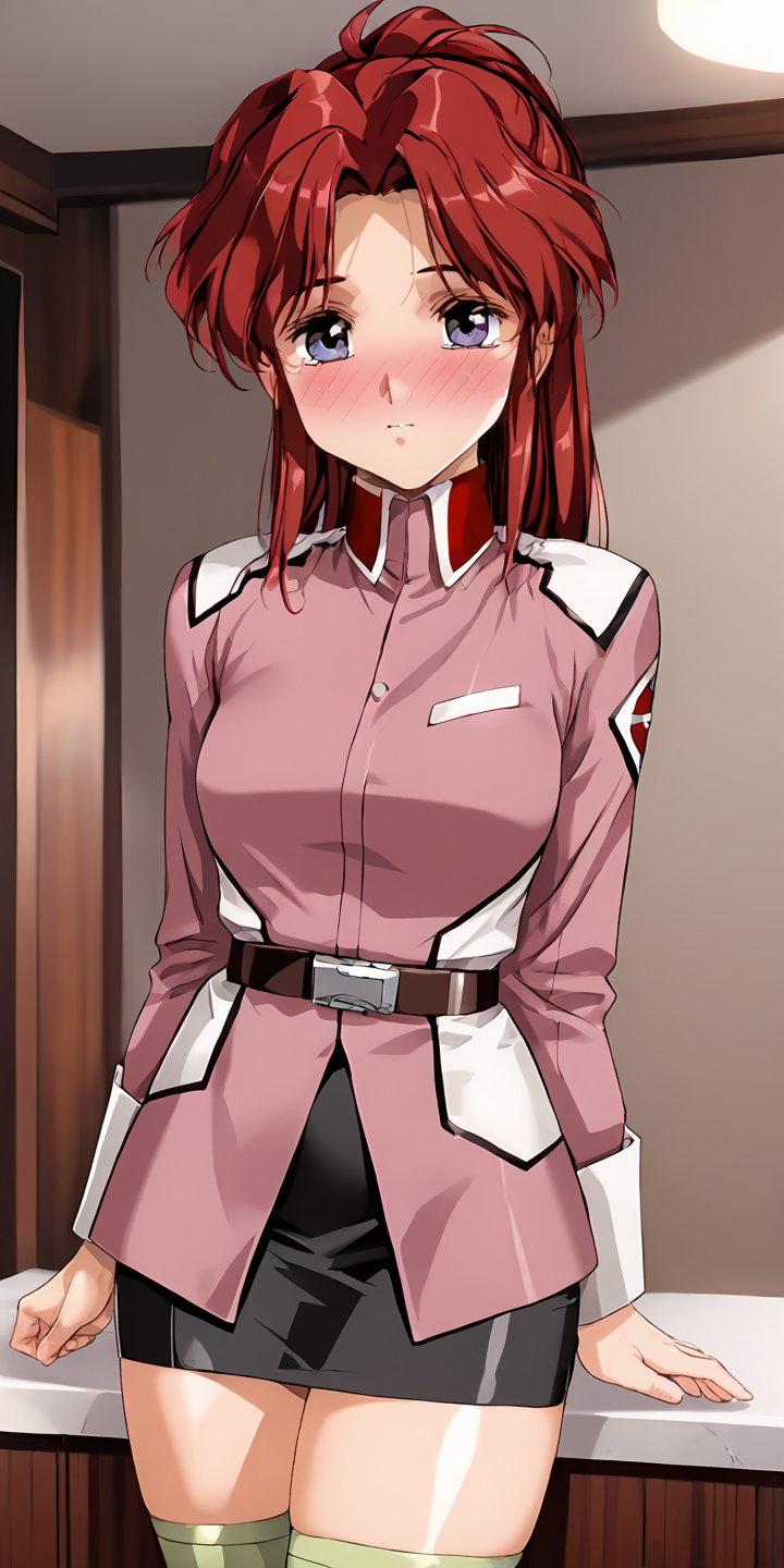 1girl,  masterpiece, highres, high quality, source_anime, rating_explicit
score_9, score_8_up, score_7_up, score_6_up,
(mature female),
BREAK
indoors, seductive smile, smile, ((blush:2)),
BREAK
BREAK
 , flay allster,long hair,red hair,ponytail,pink uniform,black skirt,miniskirt,belt,green thighhighs,<lora:Urushihara Satoshi_XL_PONY_V2:0.9:lbw=Artstylexl>,<lora:Flay_Allster:0.8>