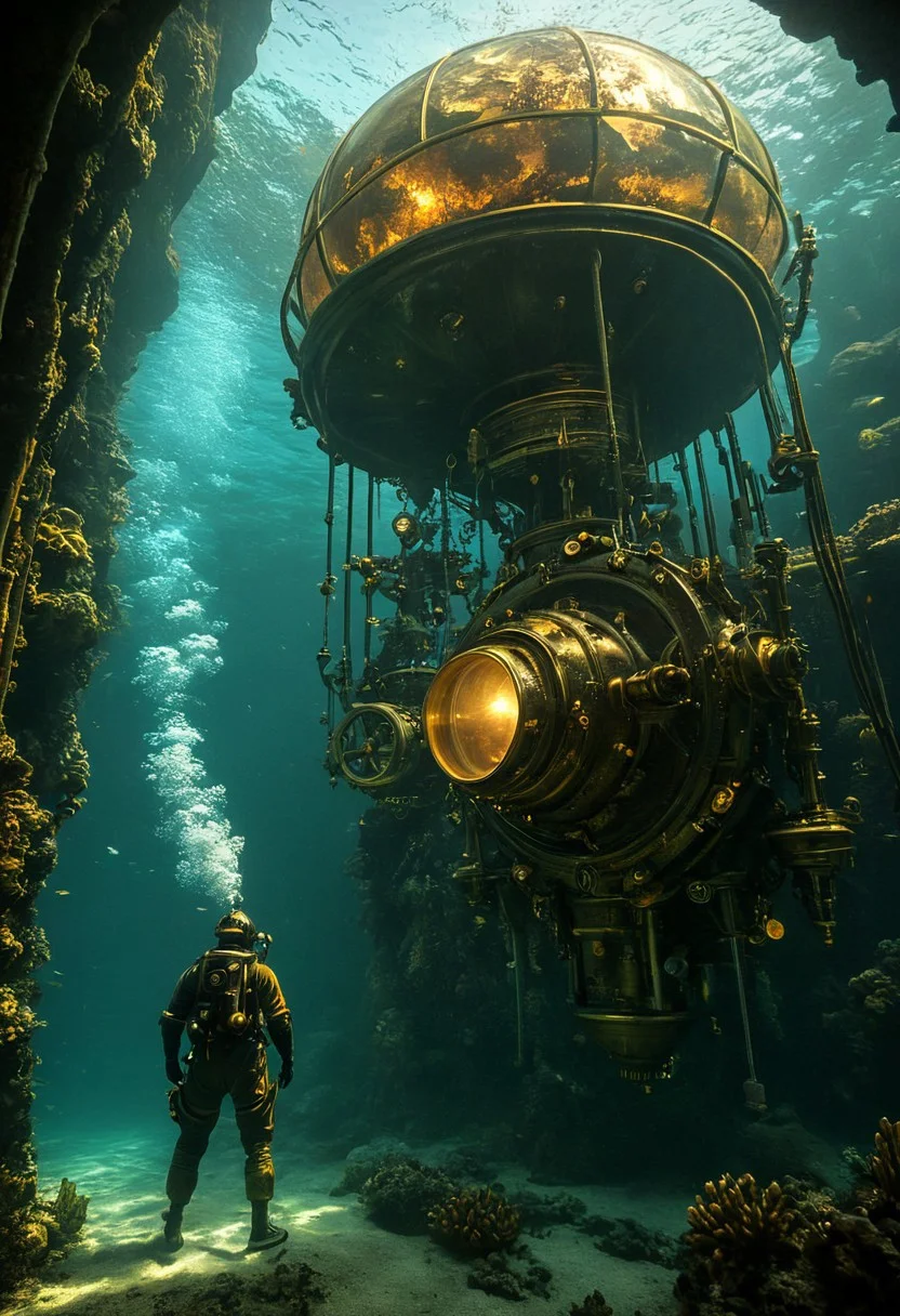 Underwater steampunk city, 8K, photorealistic, ((masterpiece, hyper-detailed)), crystalline waters, brass and copper structures, highres, ultra-sharp focus, A vast submerged metropolis of Victorian-era buildings and clockwork mechanisms. Giant glass domes protect intricate gardens while schools of mechanical fish swim between ornate spires. Steam billows from underwater vents, creating a mysterious haze. In the foreground, a diver in an antique diving suit operates a complex brass control panel, illuminated by the warm glow of bioluminescent sea creatures.