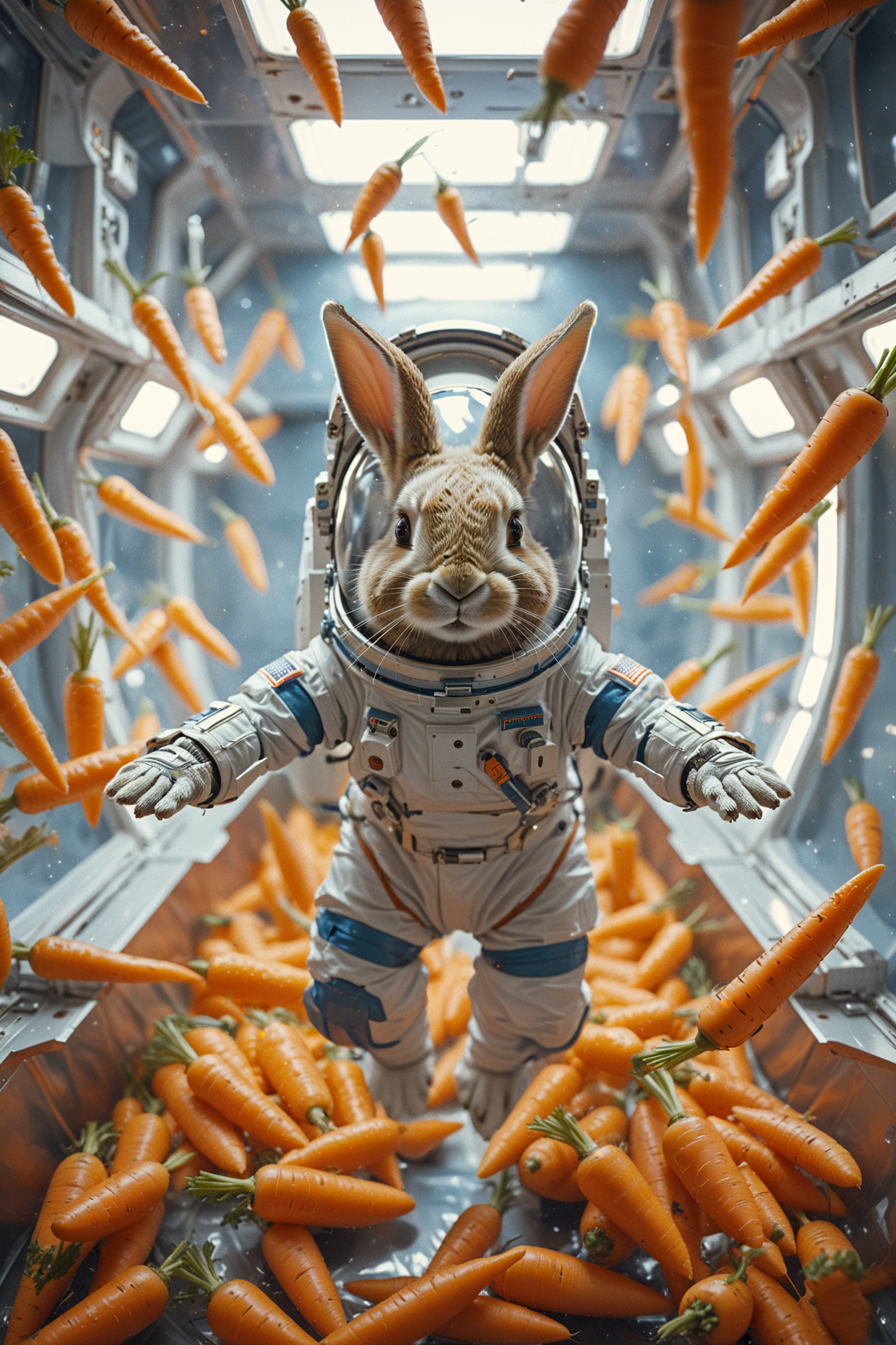 Rabbit in a spacesuit, floating in a zero-gravity room filled with floating carrots, sci-fi fantasy style, vibrant colors, Pentax K1000 with Helios 44-2 58mm f/2, ultra fine detail, cinematic, 35mm film.
