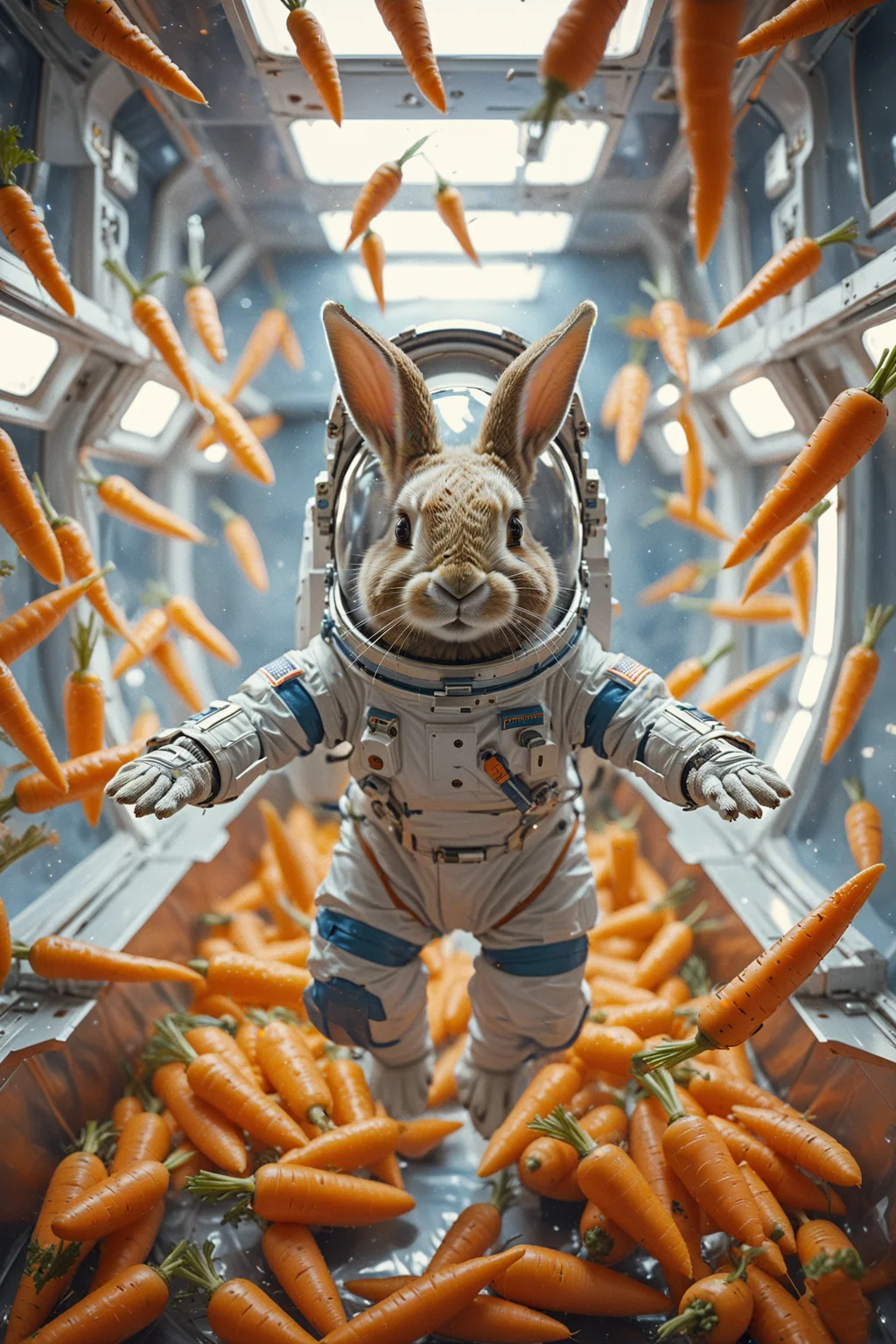 Rabbit in a spacesuit, floating in a zero-gravity room filled with floating carrots, sci-fi fantasy style, vibrant colors, Pentax K1000 with Helios 44-2 58mm f/2, ultra fine detail, cinematic, 35mm film.