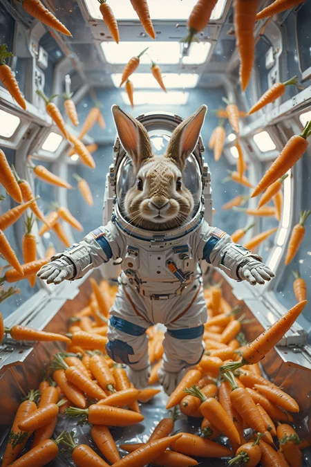 Rabbit in a spacesuit, floating in a zero-gravity room filled with floating carrots, sci-fi fantasy style, vibrant colors, Pentax K1000 with Helios 44-2 58mm f/2, ultra fine detail, cinematic, 35mm film.