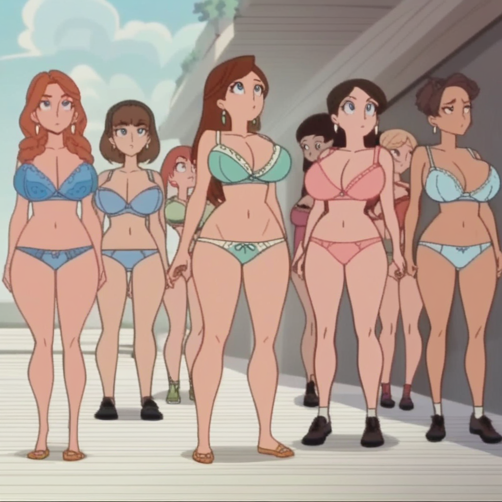 source_anime, screenshot, screencap, score_9, score_8_up, score_7_up, score_6_up, BustyGirlsFromPASWG, 4girls, multiple girls, blond hair, brown hair, standing, blue eyes, looking up, earrings, huge breasts, panties, bra, thighs, hips, multicolored background,