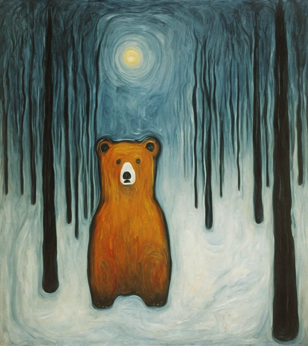 Surrealist art <lora:FF-Style-Edvard-Munch-32:0.9> in the style of Edvard Munch, painting, Robotic Bear, Winter, L USM, Lomography, <lora:FF-Style-Edvard-Munch-vpred:0.4>, Edvard Munch style, Edvard Munch art . Dreamlike, mysterious, provocative, symbolic, intricate, detailed