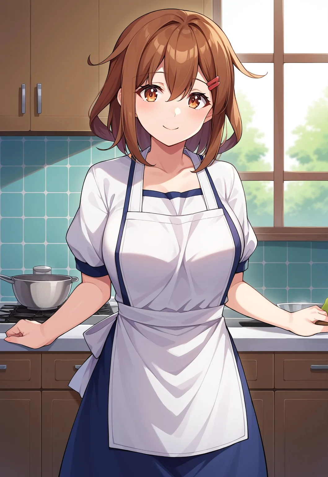 score_9, score_8, score_7, source_anime, ikazuchi (kancolle), hairclip, mature female, long hair, apron, kitchen