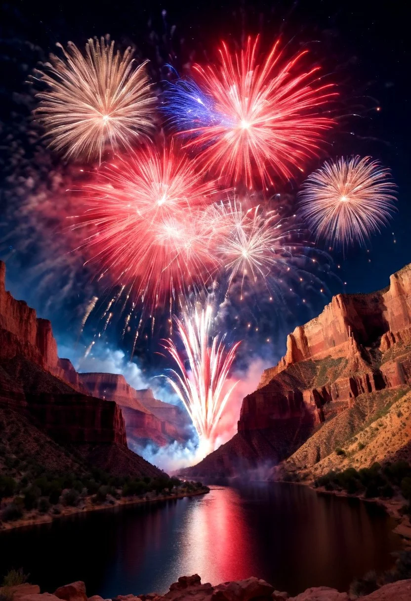 Show me a picture of areal fireworks over The Grand Canyon in Arizona, Two children, a boy and a girl watch the fireworks in amazement and awe. Red, white and blue firework colors,