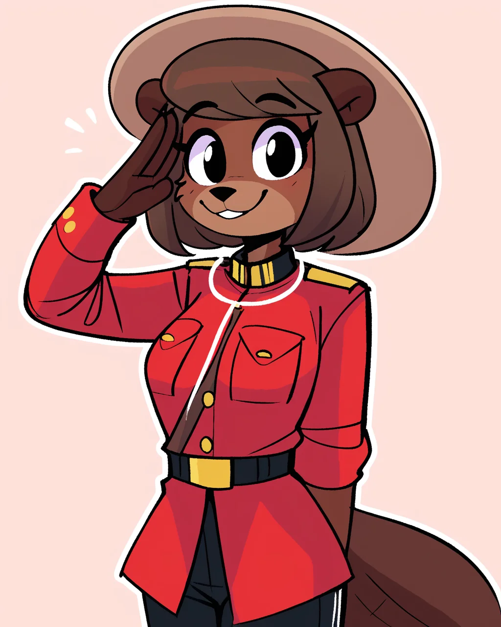 score_9_up, score_8_up, score_7_up, score_6_up, by remanedur, furry female, half-length portrait, female, beaver, furry, black eyes, brown hair, short hair, tail, hat, medium breasts, red jacket, black pants, looking at viewer, happy, smile, salute, solo, three-quarter view, simple background, white outline, <lora:Leah_Pines(AIM)_XL_v1:0.15> <lora:PDXL_artist_tags_v2_big:0.5> <lora:The-Minuscule-Task_PDXL_v1.0:0.6> <lora:Beaver_Girl_Peargor:0.7>