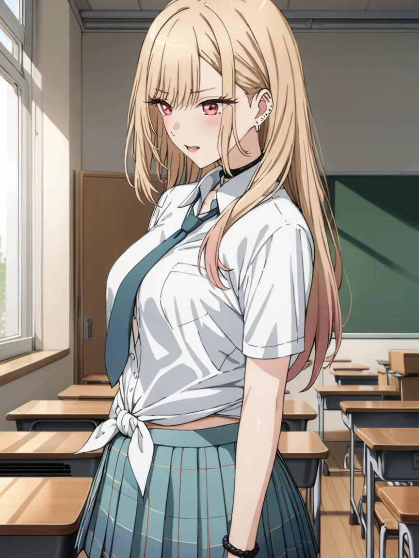 <lora:hinaKitagawaMarin_sdxl_wifu_v1:1>,
kitagawa marin, earrings, pierced ears,
school uniform, shirt tied a knot, untie shirt, pleated skirt, green skirt, navy blue necktie,
cowboy shot, classroom,
BREAK
(best quality, masterpiece),