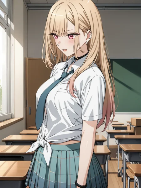 <lora:hinaKitagawaMarin_sdxl_wifu_v1:1>,
kitagawa marin, earrings, pierced ears,
school uniform, shirt tied a knot, untie shirt, pleated skirt, green skirt, navy blue necktie,
cowboy shot, classroom,
BREAK
(best quality, masterpiece),