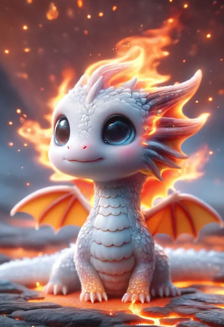 photorealistic 3D image of an adorable fire dragon, looking friendly and alluringly at the viewer, {embedded image of fire}, made of licking flames of bright orange fire patterns, surrounded by a cloud of fire sparks and molten lava drops melting the stone floor under its tiny fire feet, spawning small fire tongues swirling up around its miniature draconic body, bright eyes gazing with a warm charming smile, fire horns and a little spiked tail in waves of blazing flames, a dragon hatchling emerged from a massive seething fire egg, backdrop of vivid shades of red, orange and yellow radiating luminescence, clashing fire magic