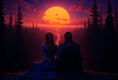 Unfazedfantasii, a human sorceress and an elven knight are viewed from behind as they sit side by side on a forested hilltop watching the sunset in the background. The sorceress wears a blue dress and has long red hair. The knight wears grey armor. The forest around them is dark, but the sunset is vividly colored.