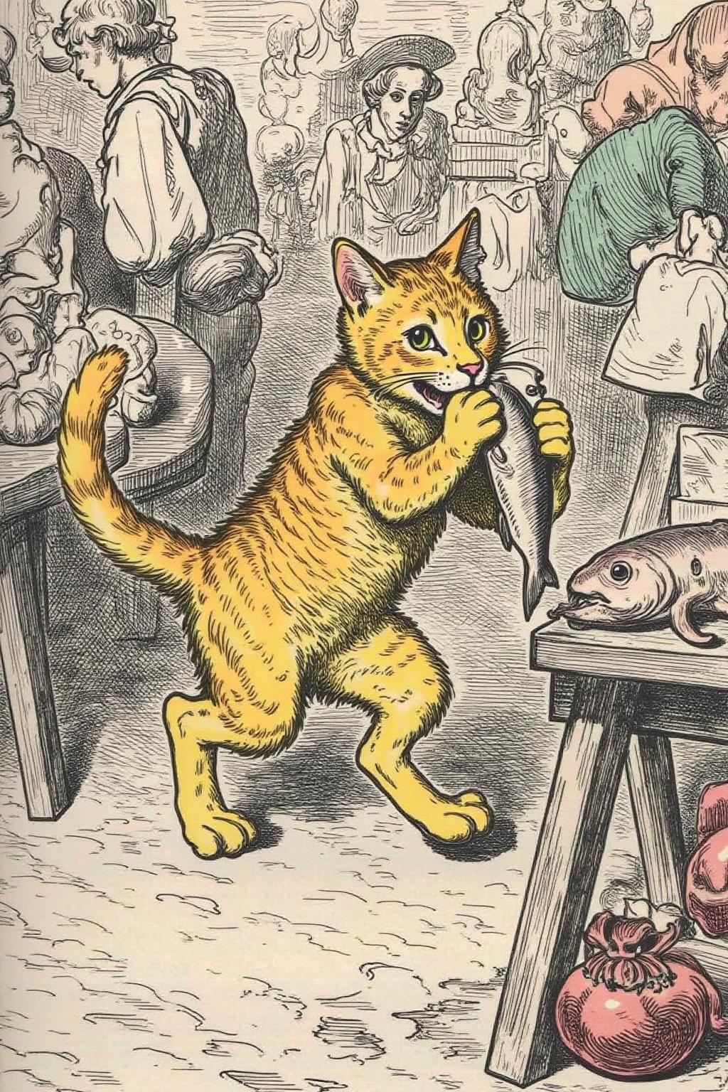gusdore1 illustration. A golden tabby stealing a fish, running away in a market <lora:gusdore1_flor2_d4a2:1.0><lora:799515794590491160:0>